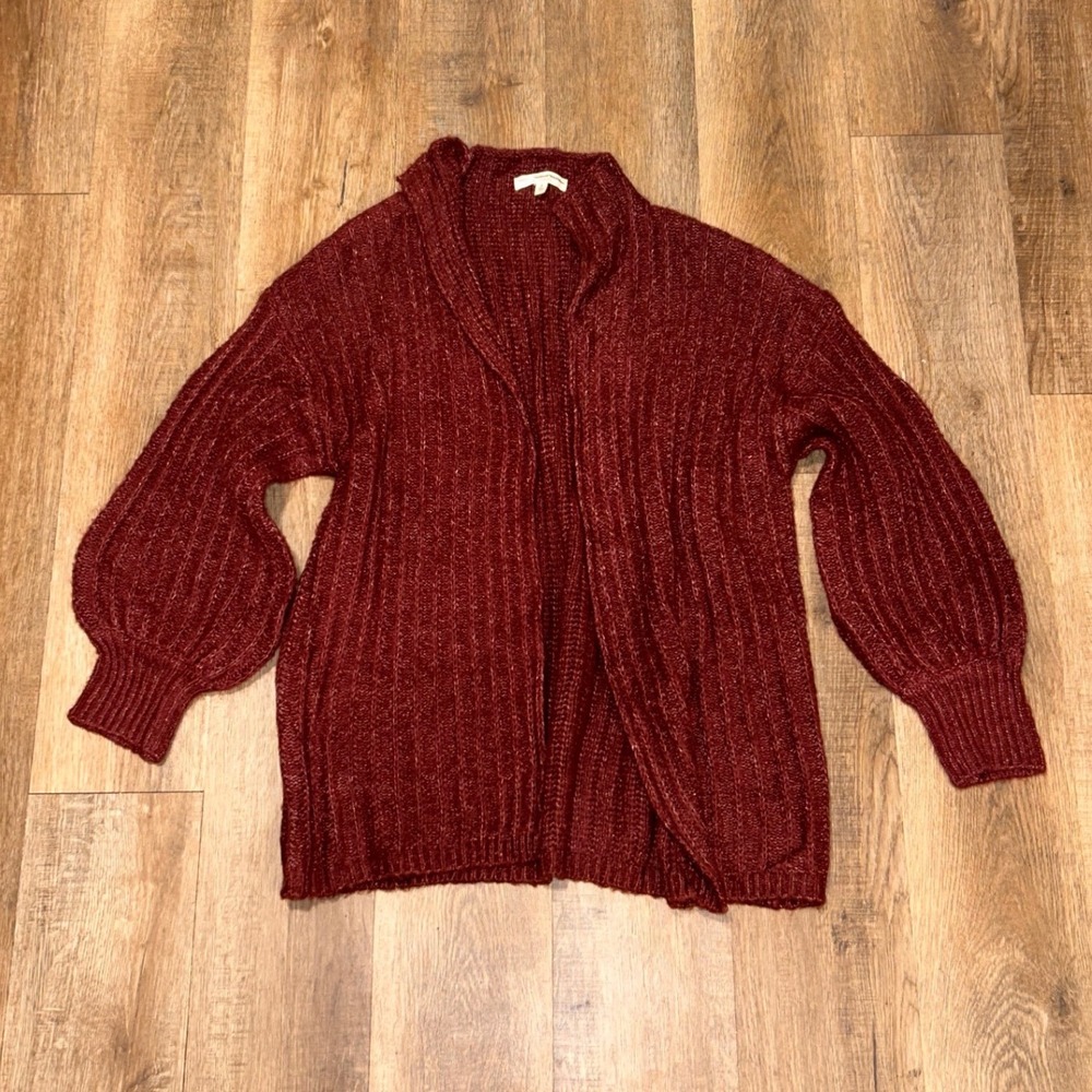 Truly Madly Deeply Burgundy Ribbed Open Front Cardigan Balloon Sleeve Small
